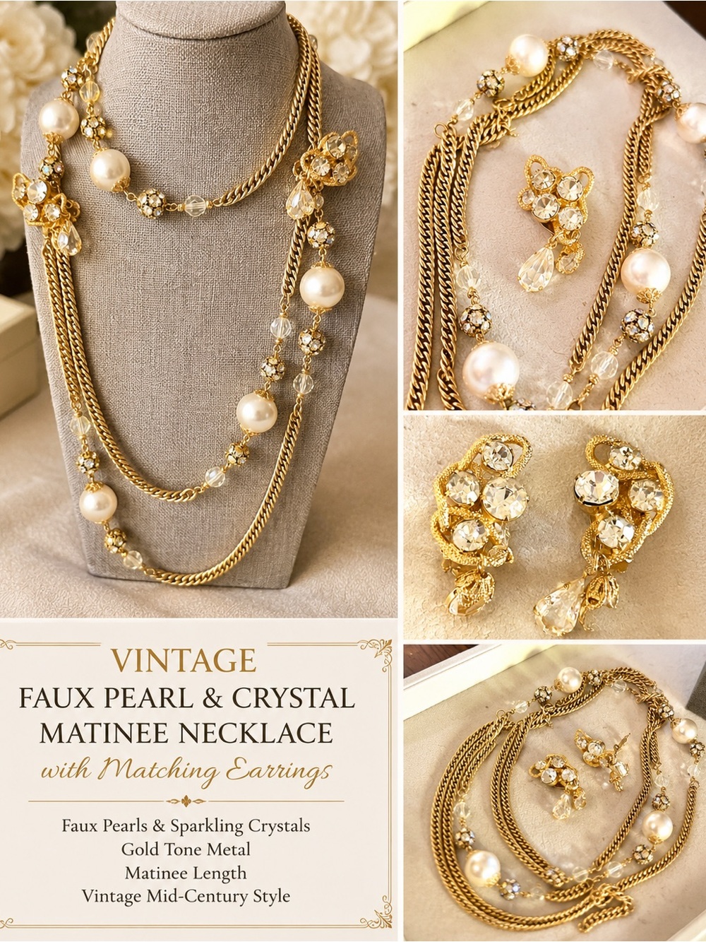 Vintage Gold-Tone Faux Pearl & Crystal Matinee Necklace with Matching Earrings